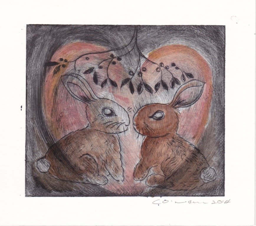 Bunnies in the Burrow - Dry point etching and Watercolour