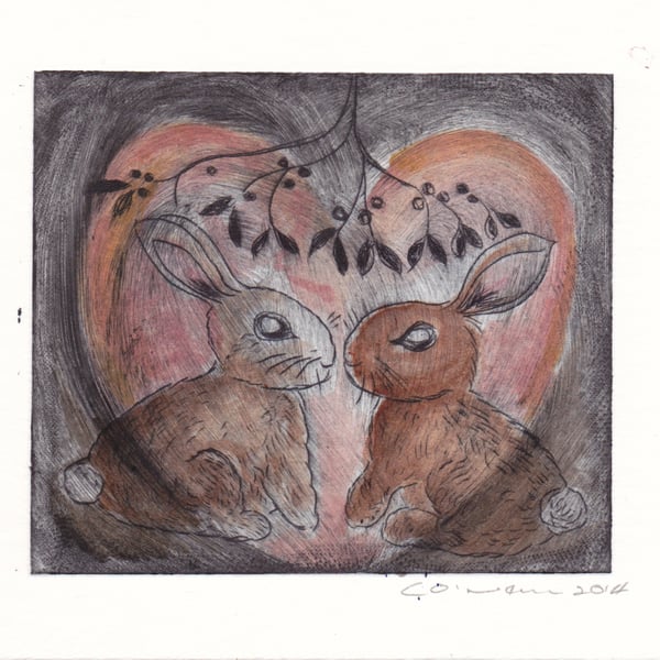Bunnies in the Burrow - Dry point etching and Watercolour