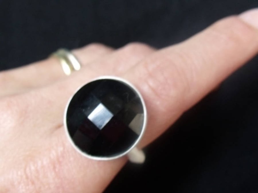 Rose cut Black Onyx cabochon statement ring in sterling silver
