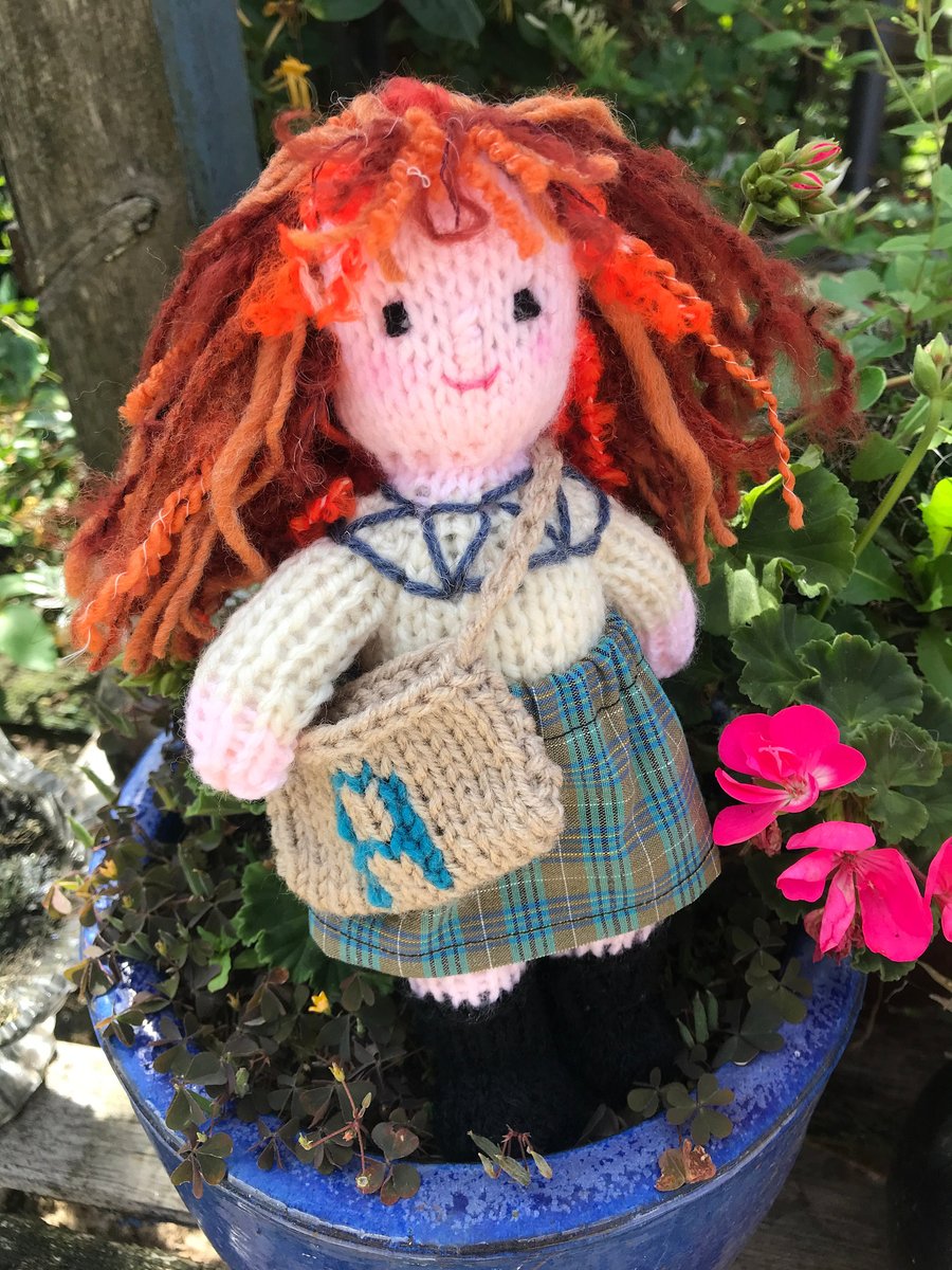 Scottish Katie Morag doll, Large 10".Hand knitted doll with personalised bag