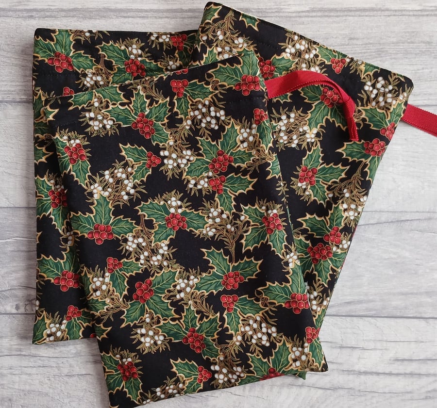SOLD - Set of Three Reusable Fabric Christmas Gift Bags - Holly on Black