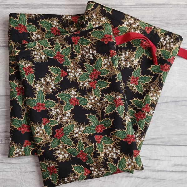 Set of Three Reusable Fabric Christmas Gift Bags - Holly on Black