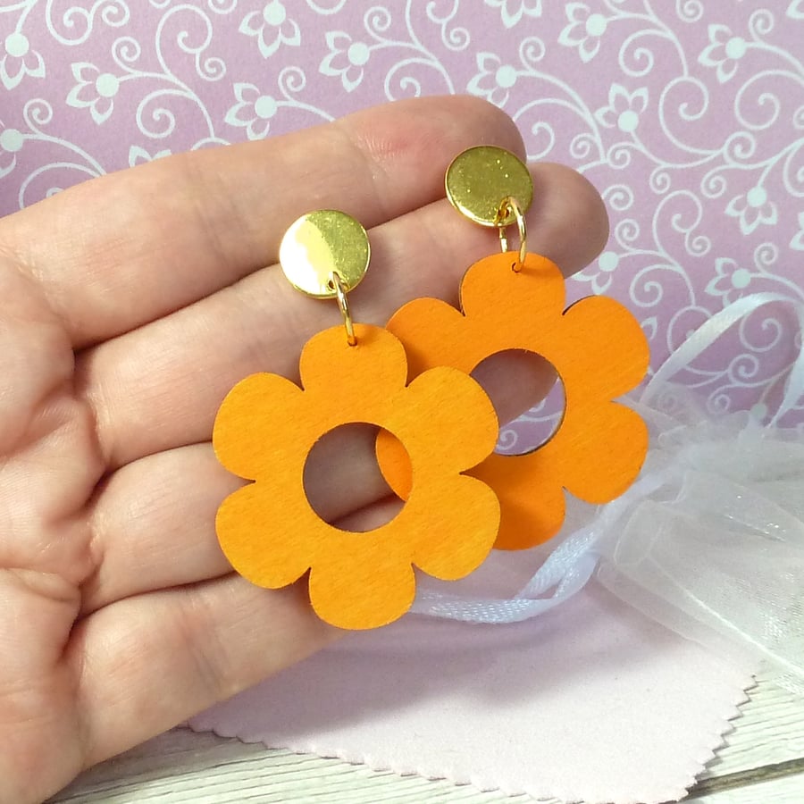 Orange flower earrings, eco-friendly orange wooden earrings, 