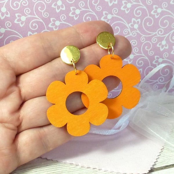 Orange flower earrings, eco-friendly orange wooden earrings, 