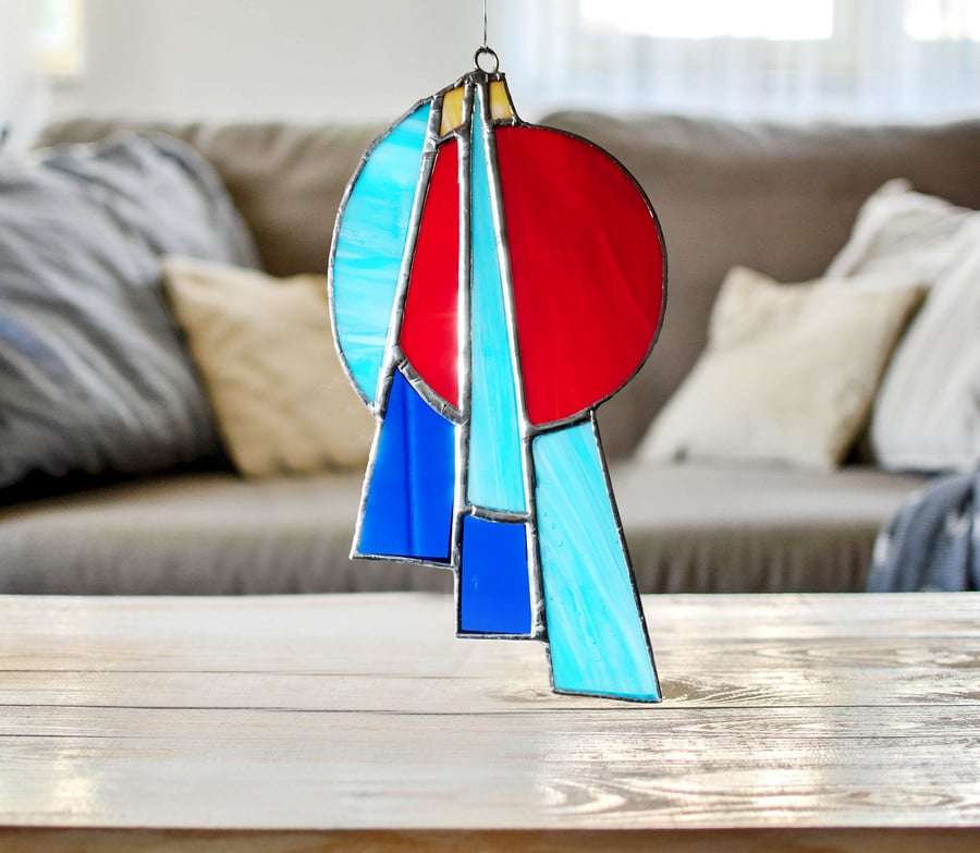 Art Deco Style Suncatcher Stained Glass Blues and Reds with silver chrome finish