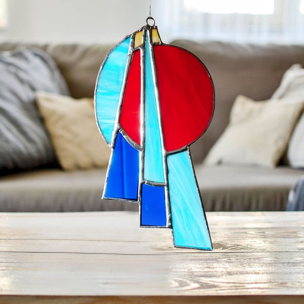 Art Deco Style Suncatcher Stained Glass Blues and Reds with silver chrome finish