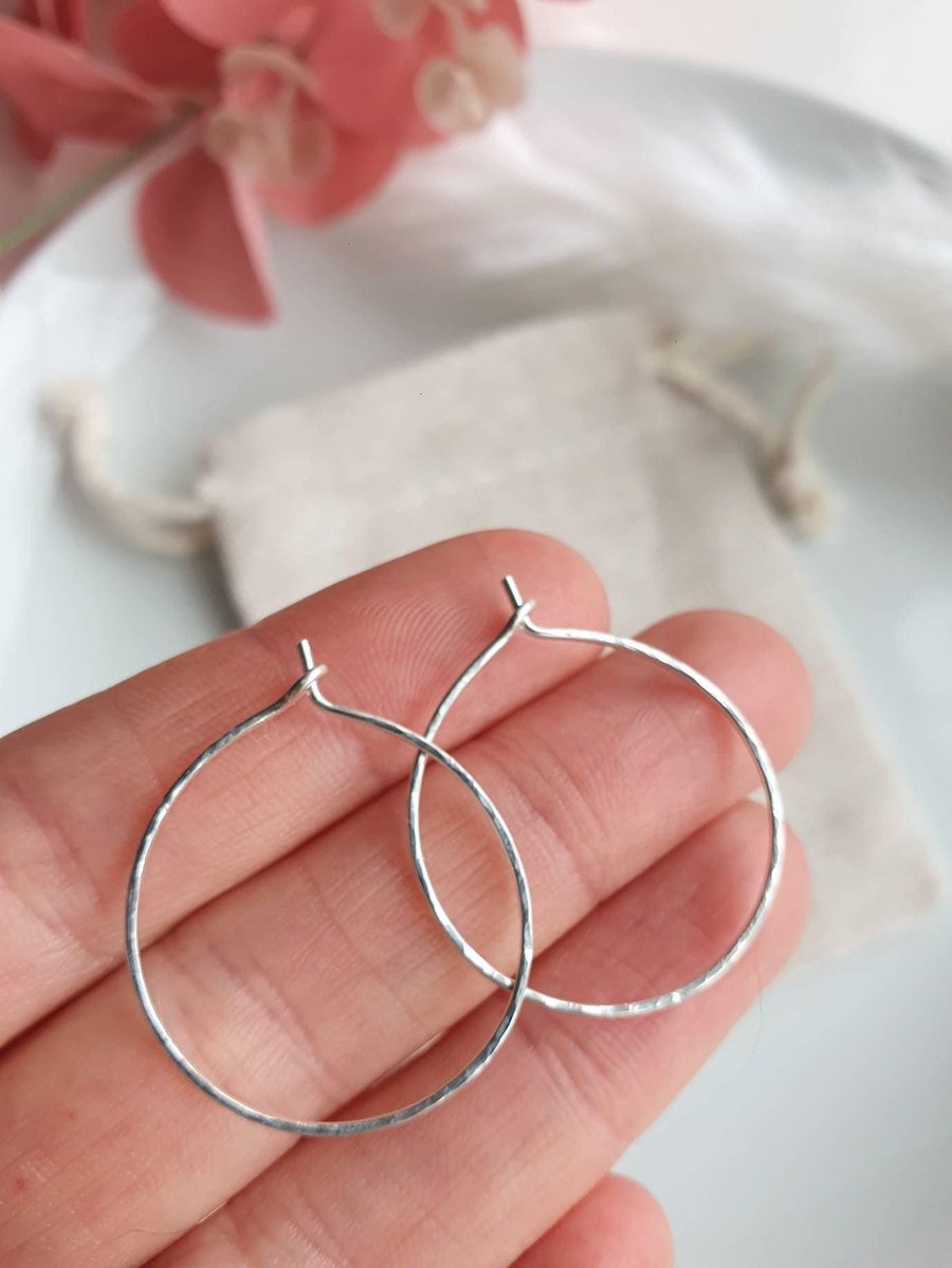 Hammered sterling silver hoop earrings, shimmering silver hoops, minimalist hoop