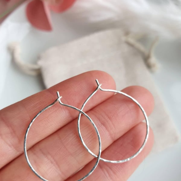 Hammered sterling silver hoop earrings, shimmering silver hoops, minimalist hoop