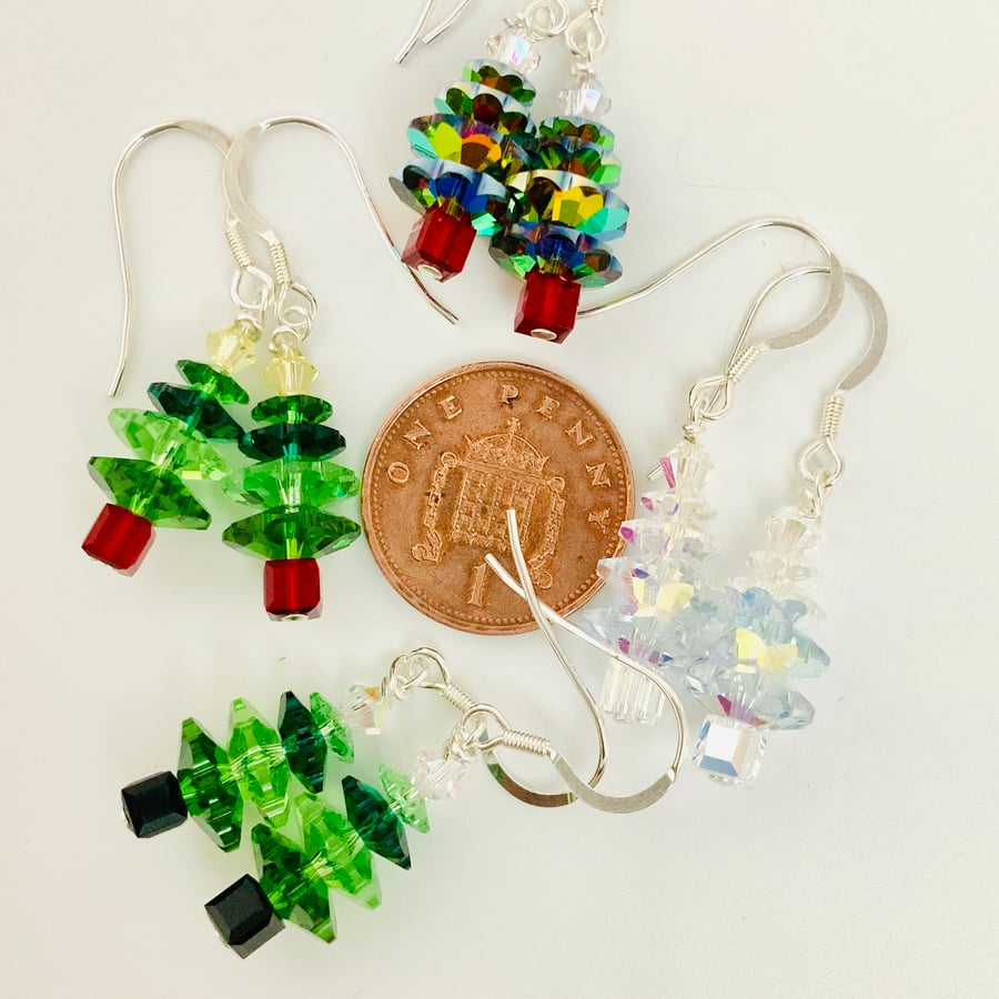 Crystal Christmas Tree Earrings - silver, green red drop earrings metalsmith.