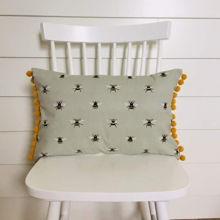 Sophie Allport Bees  Cushion with Mustard   Pom Poms