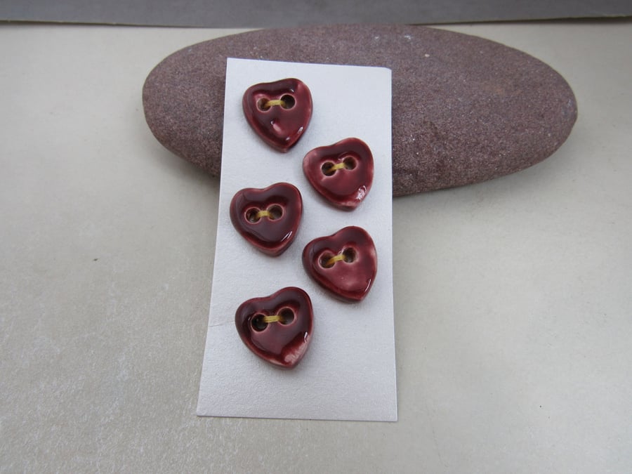 5 Small Heart Shaped Rose Red Ceramic Buttons