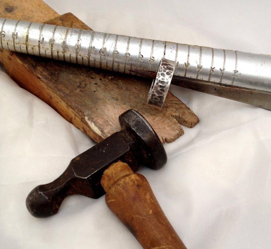 Man's rugged hammer textured silver ring. Wide thick band ring.