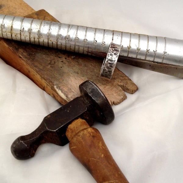 Man's rugged hammer textured silver ring. Wide thick band ring.