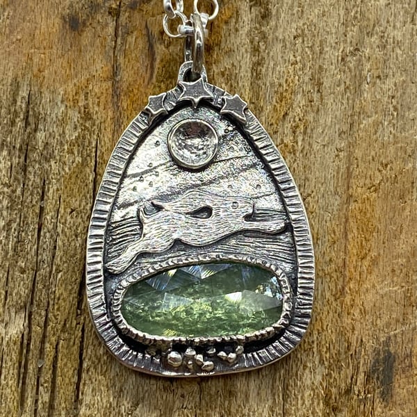Silver Hare Pendant with Green Kyanite