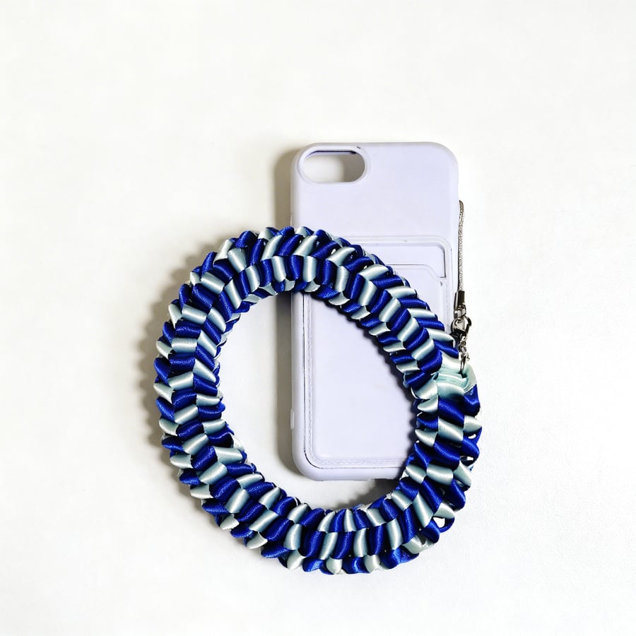 Handmade Prussian Blue & Light Blue Ribbon Phone Strap