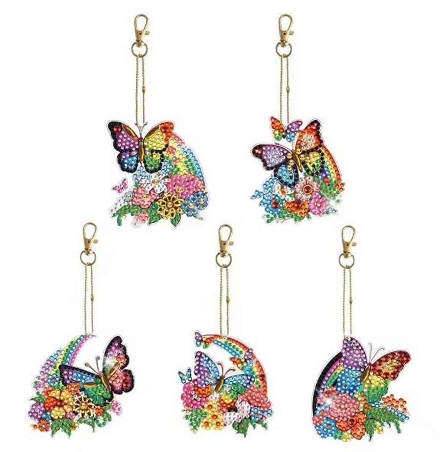 5pcs 5D DIY Colourful Rainbow Butterfly Diamond Painting Keyrings Keychains Kit 