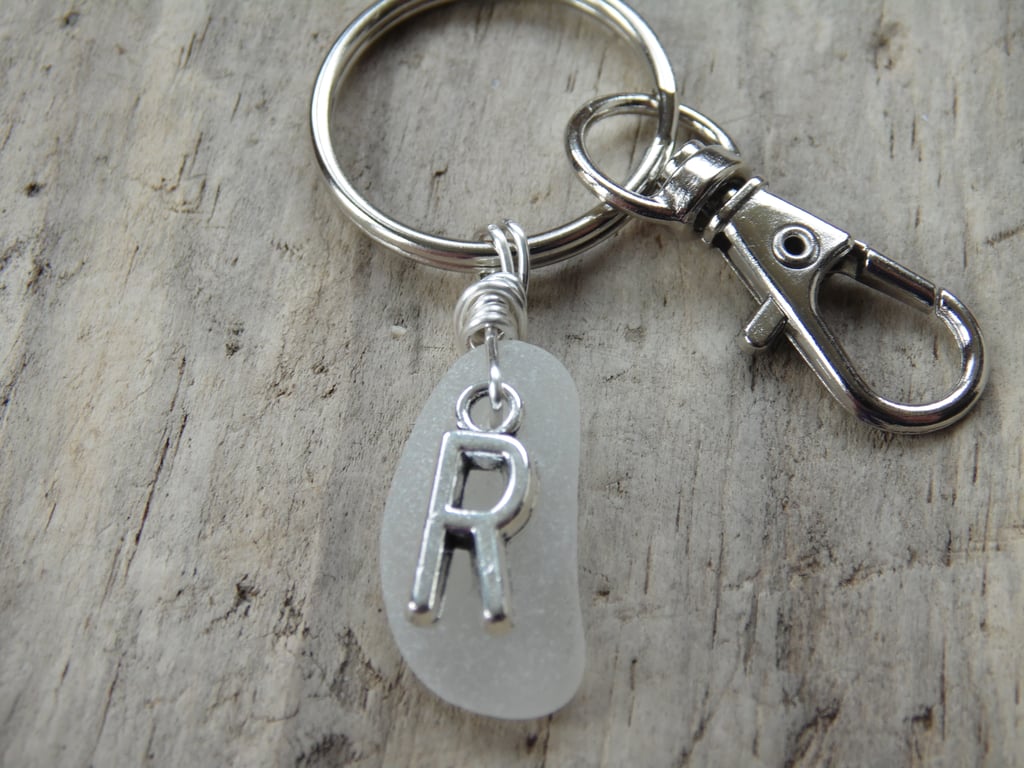 Initial 'R' White Cornish Sea Glass Keyring Bag Charm K671