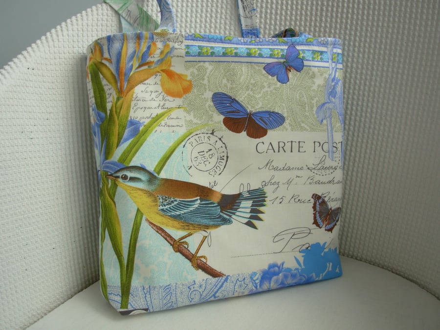 Tote Shopping Bag - Blue Green Yellow - Birds, Butterflies and Flower