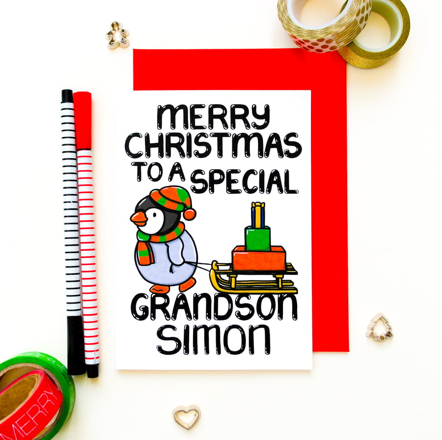 Grandson Personalised Cute Penguin Christmas Card