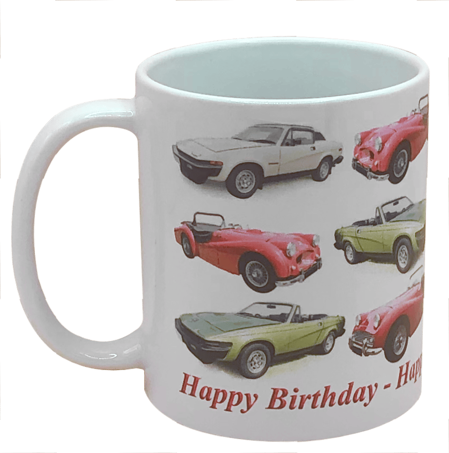 Triumph TR Sports Cars - 11oz Ceramic Mug - Plain or Happy Birthday