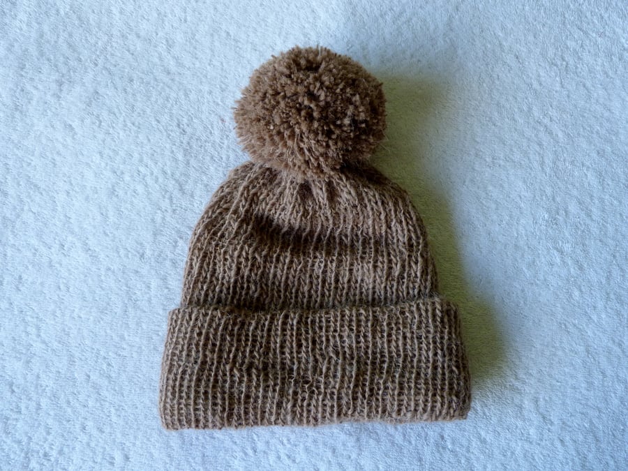 Bobble Hat in Handspun Alpaca with Large Pompom. Natural Brown.