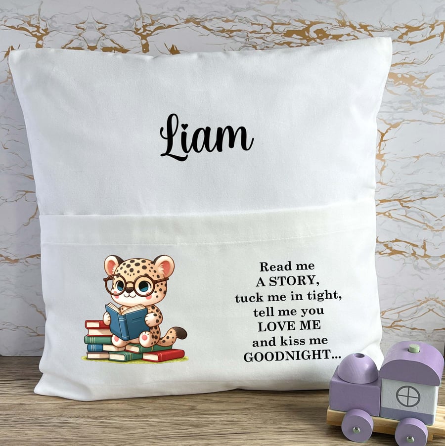 Personalised Leopard Book Pocket Cushion, Read Me A Story Reading Cushion