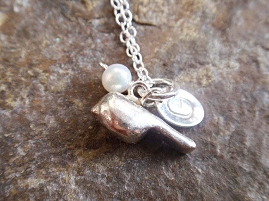 Sterling silver bird necklace - personalised initial birthstone necklace