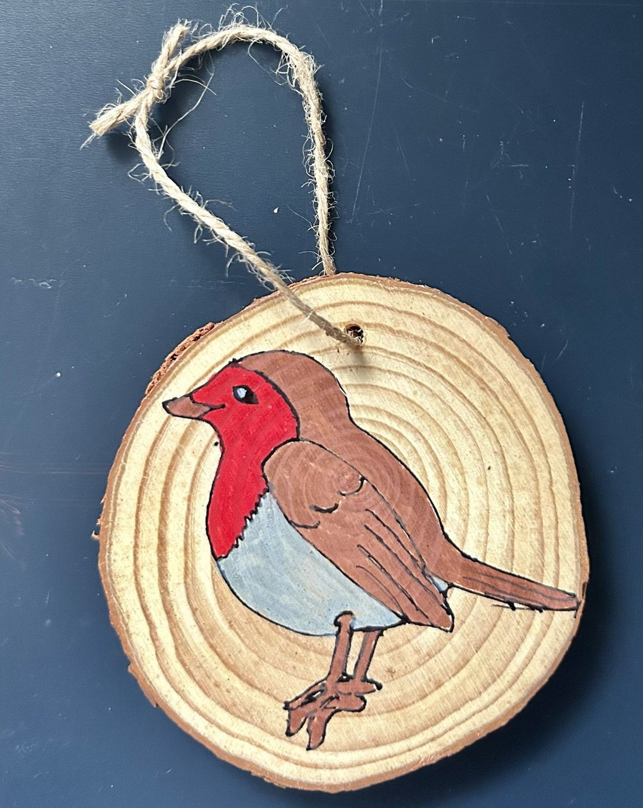 Robin Hand Drawn Wood Slice Decoration - Free P&P