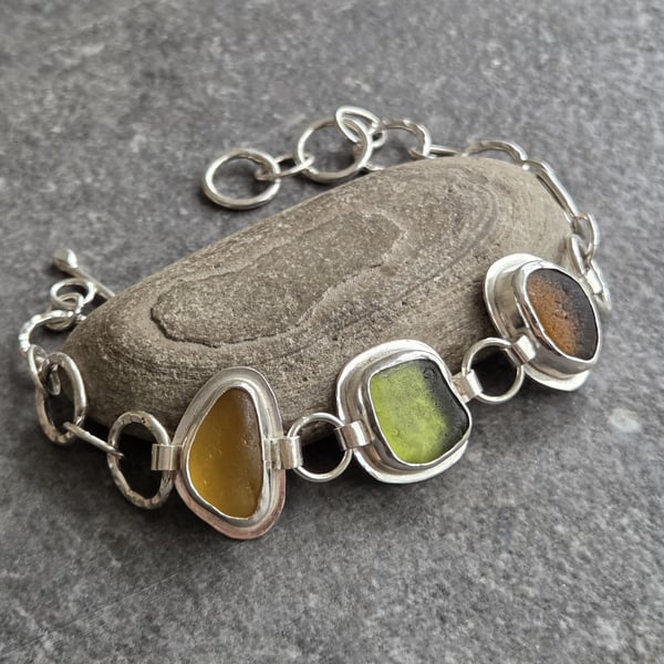 Autumnal seaglass bracelet, Chunky silver chain bracelet, Colourful sea glass