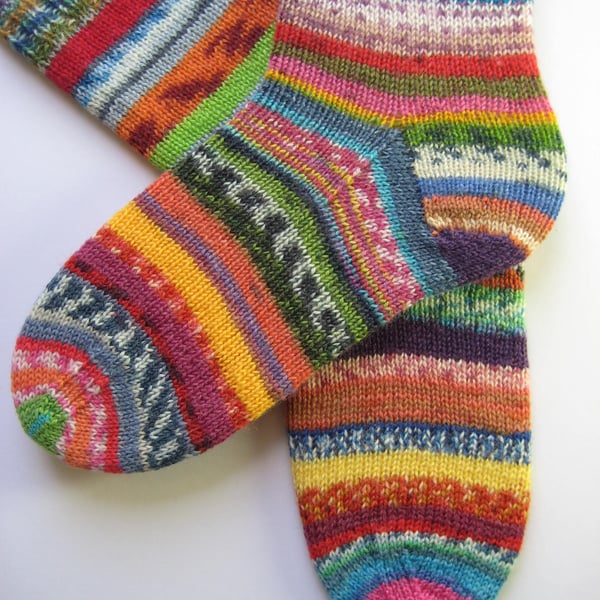 socks, hand knit womens wool scrappy socks size 4-6