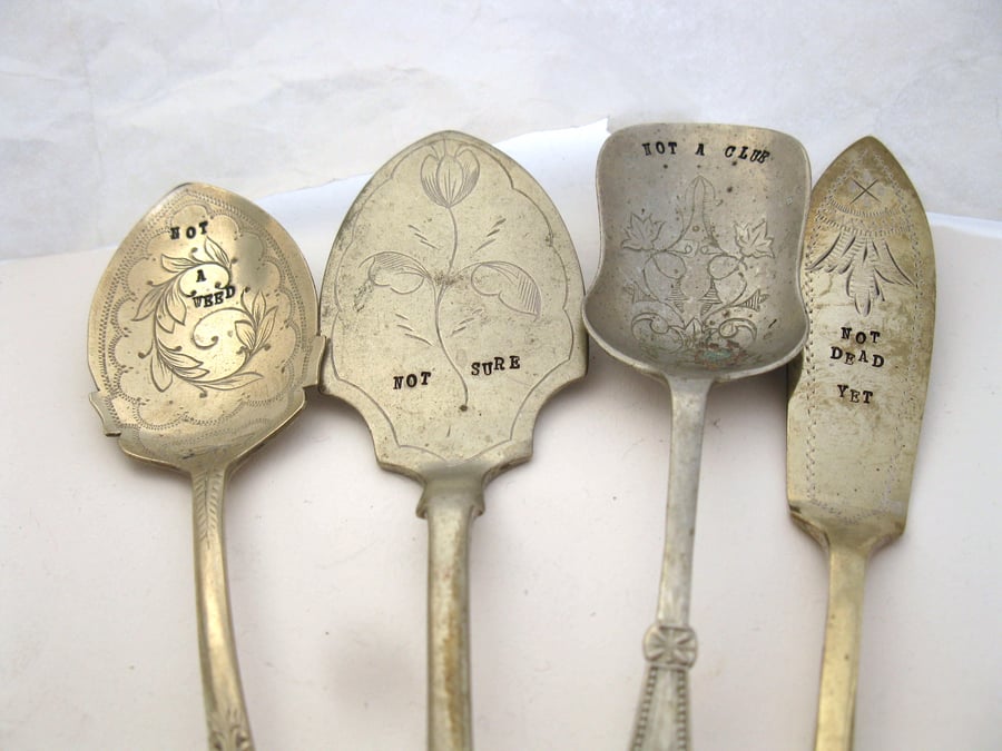 Four small upcycled plant markers, garden humour, victorian spoons
