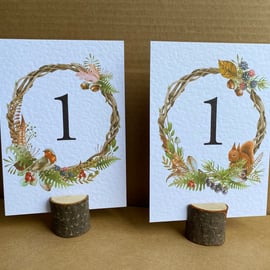 Forest animals, birds TABLE NUMBERS tree branches, berries, leaves wedding
