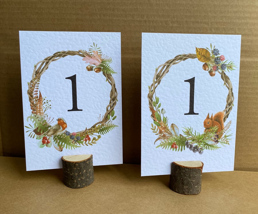 Forest animals, birds TABLE NUMBERS tree branches, berries, leaves wedding