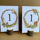 Forest animals, birds TABLE NUMBERS tree branches, berries, leaves wedding