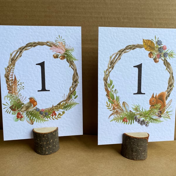 Forest animals, birds TABLE NUMBERS tree branches, berries, leaves wedding