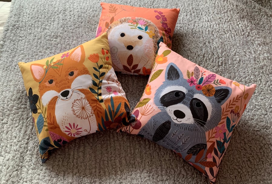Cushion Double sided adorable fox and hedgehog print 