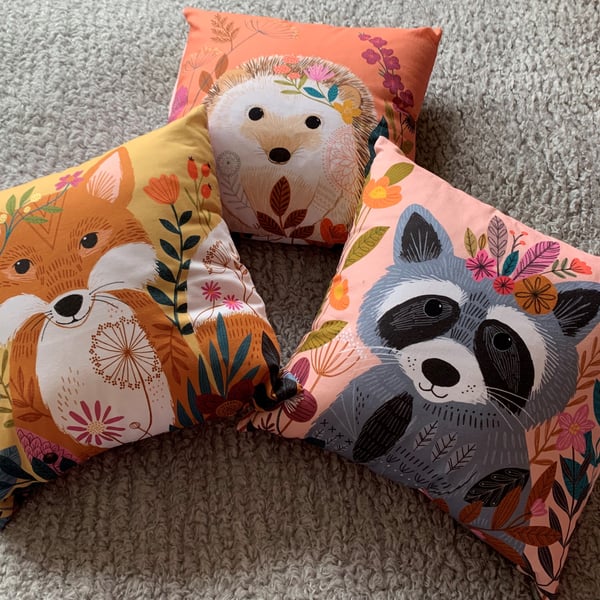 Cushion Double sided adorable fox and hedgehog print 