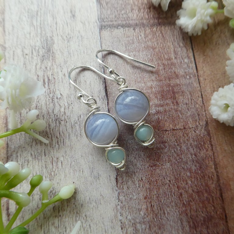 Blue lace agate and amazonite pastel blue sterling silver earrings