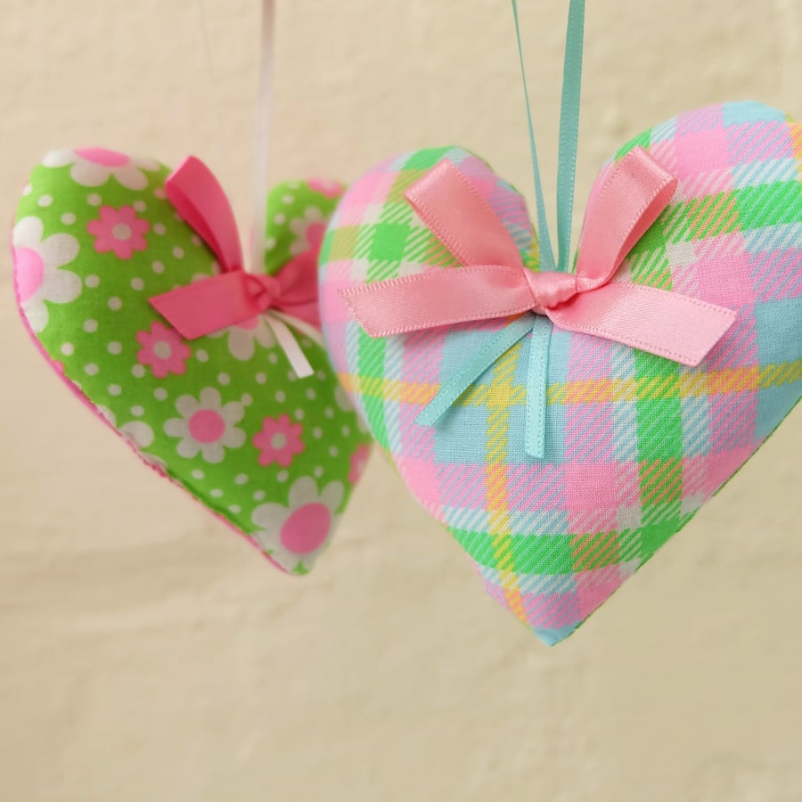 Two Pretty Neon Fabric Hearts, Daisy and Check