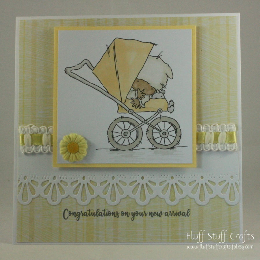 Handmade, gender neutral, new baby card - baby in pram