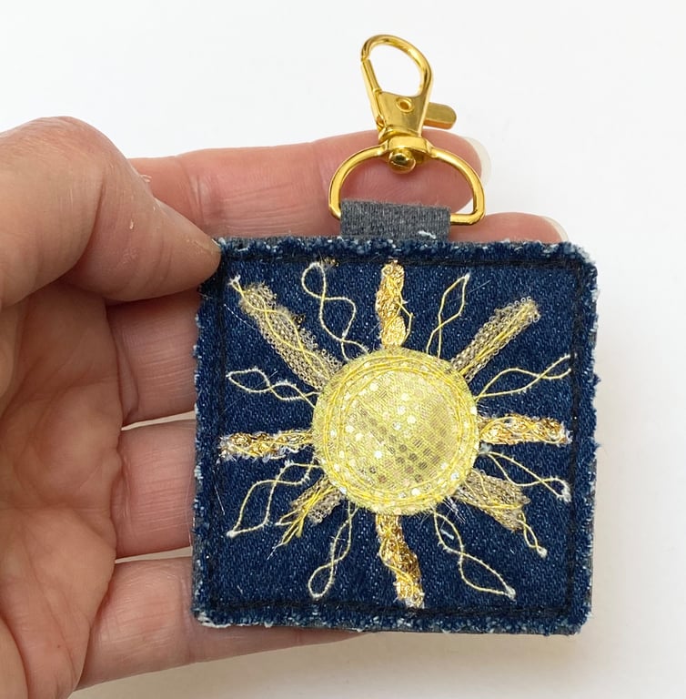 Up-cycled golden denim Sun key ring or bag charm.