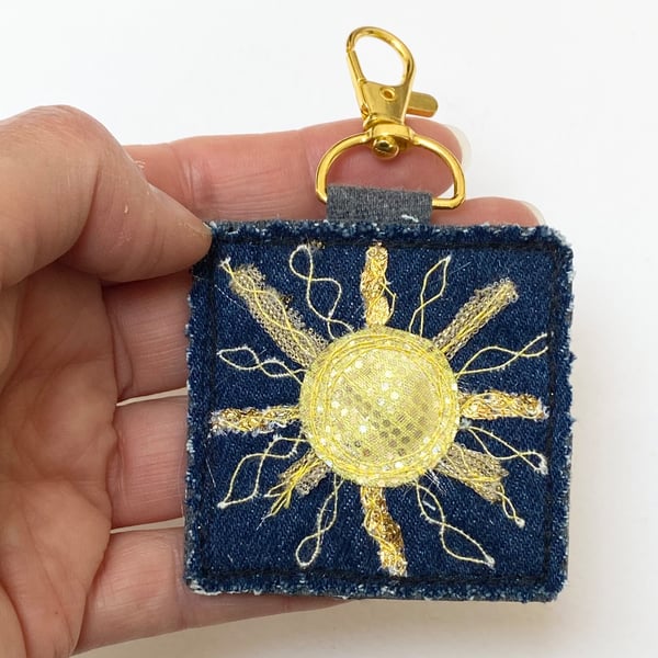 Up-cycled golden denim Sun key ring or bag charm.
