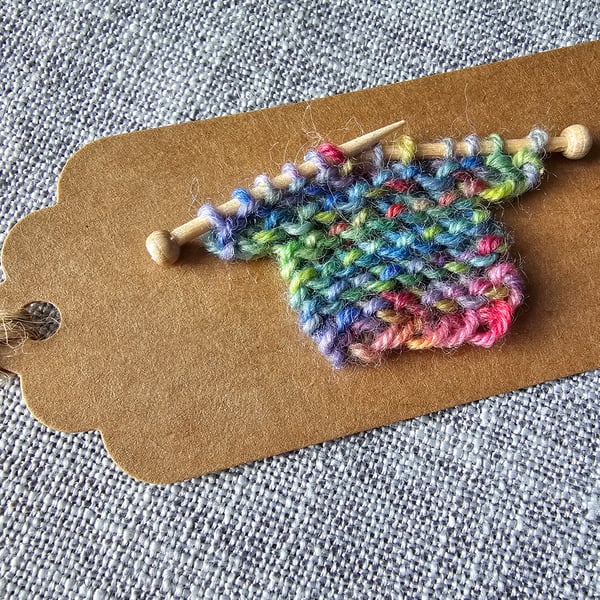 Gift Tag with Tiny Knitted Jumper in Multicoloured Wool, Knitters or New Babies