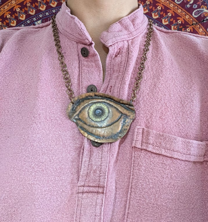 Statement Repoussé Eye Pendant on Copper Chain
