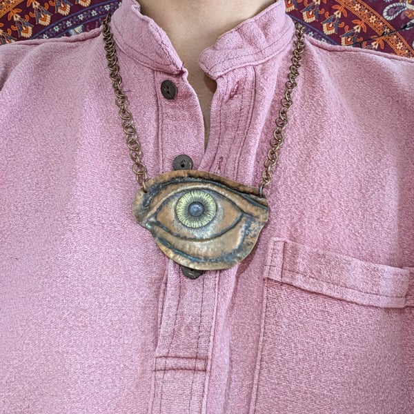 Statement Repoussé Eye Pendant on Copper Chain