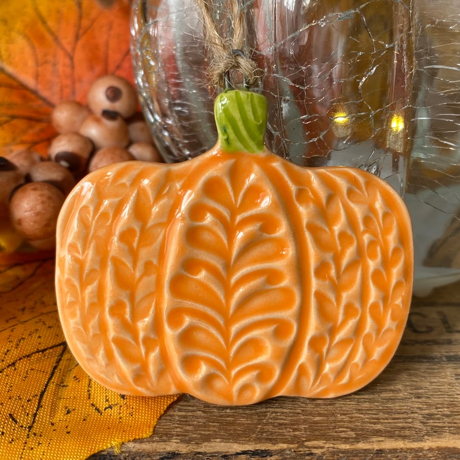 Small patterned pottery pumpkin decoration orange