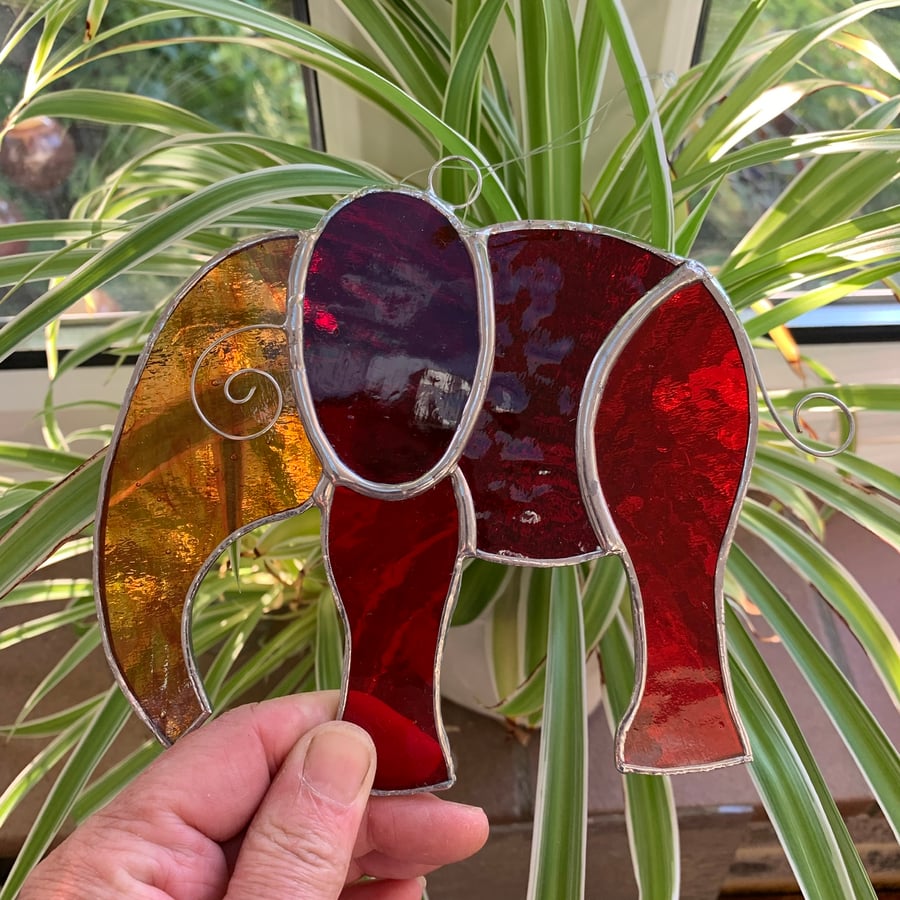 Stained Glass Large Elephant Suncatcher - Handmade Hanging Decoration - Red