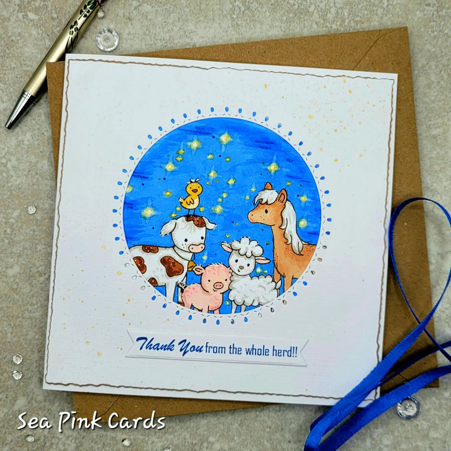 Little Animals Thank You Card -  little pony, lamb, chick, cow, pig