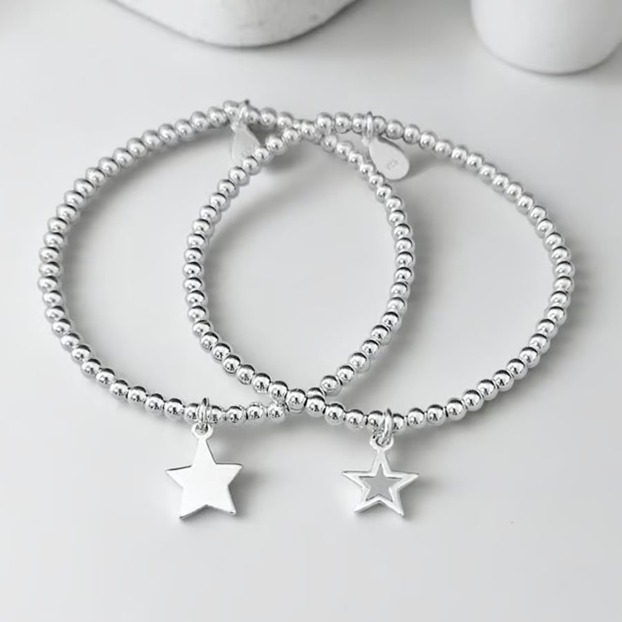 Sterling Silver Star Charm Stretch Bracelet Set 925
