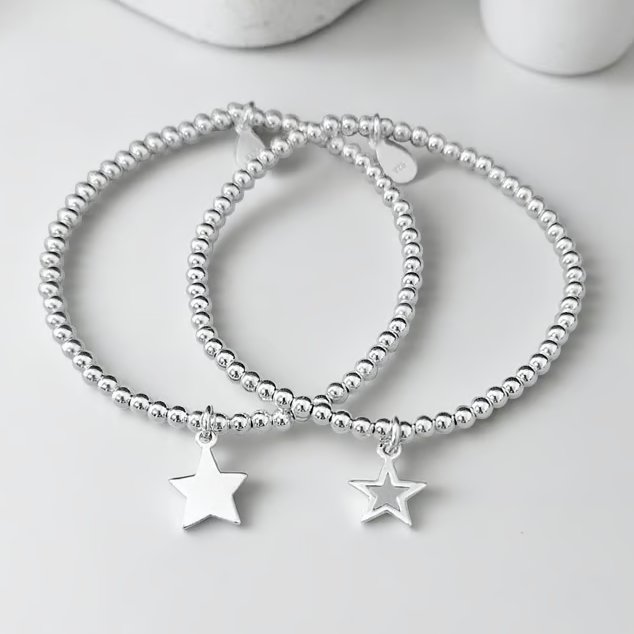 Sterling Silver Star Charm Stretch Bracelet Set 925